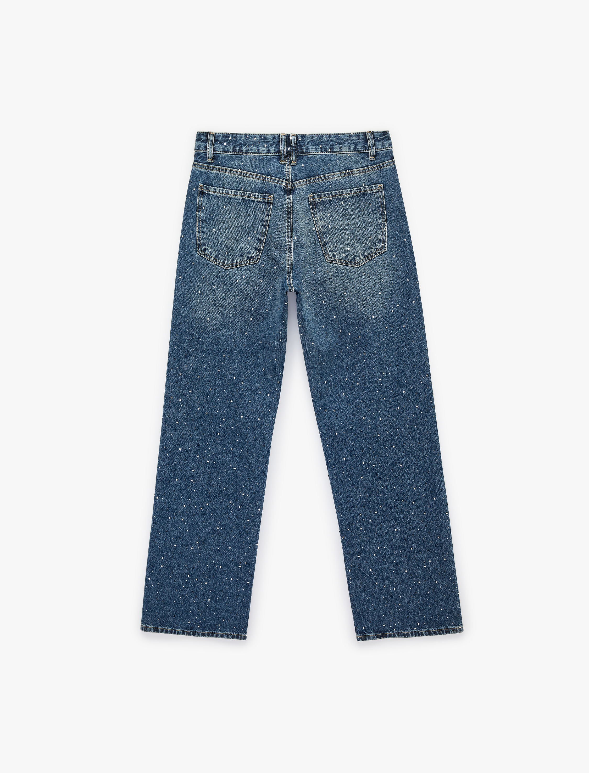   Taş Detaylı Yüksek Bel Düz Paça Denim Pantolon- Straight Jeans