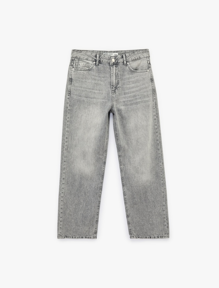  Pamuklu Normal Bel Düğmeli Düz Paça Denim Pantolon - Straight Fit Jean