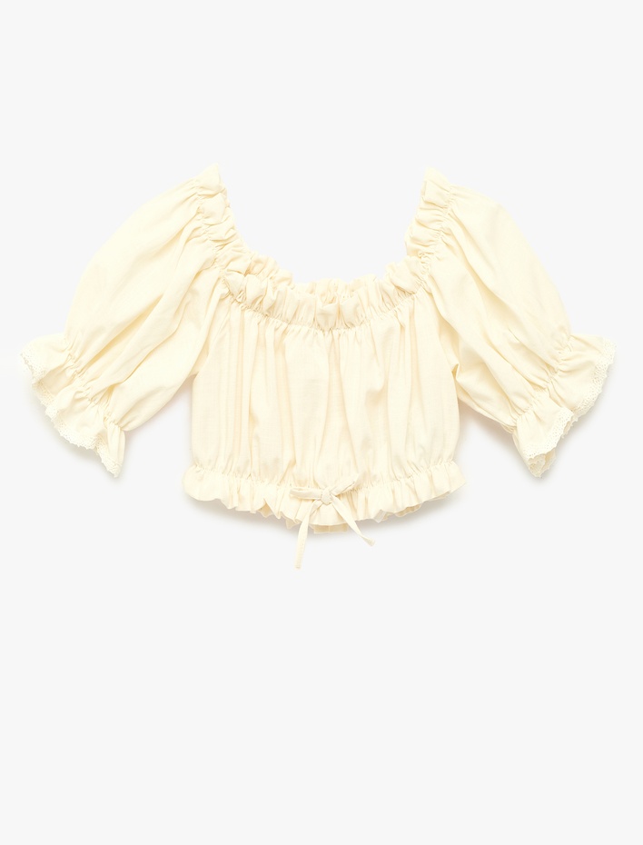 Kız Çocuk Pamuklu Kısa Kollu Fırfırlı Düşük Omuz Bluz