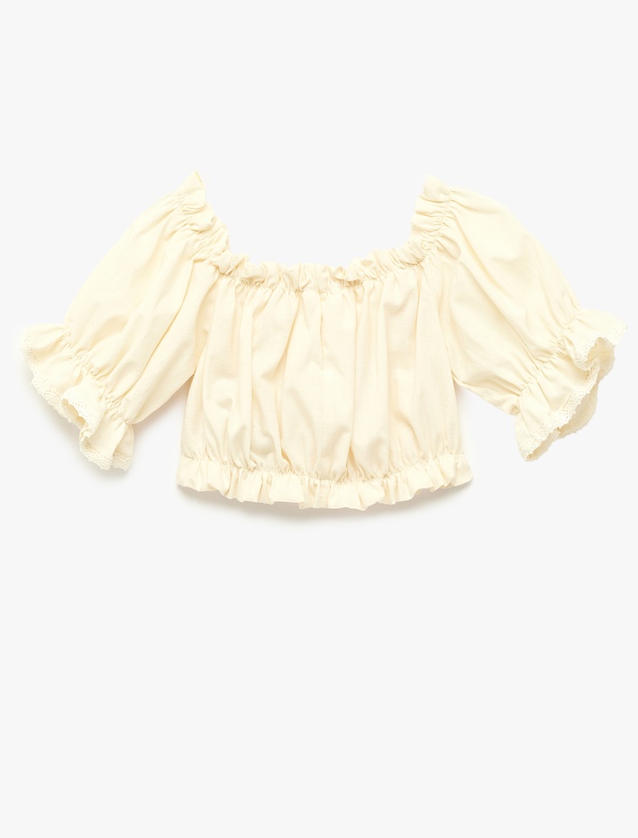 Kız Çocuk Pamuklu Kısa Kollu Fırfırlı Düşük Omuz Bluz