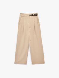 Cepli Yarım Kemer Detaylı Düz Geniş Paça Palazzo Pantolon