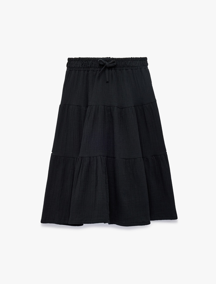 Kız Çocuk Fiyonk Detaylı Katlı Beli Lastikli Pamuklu Midi Etek