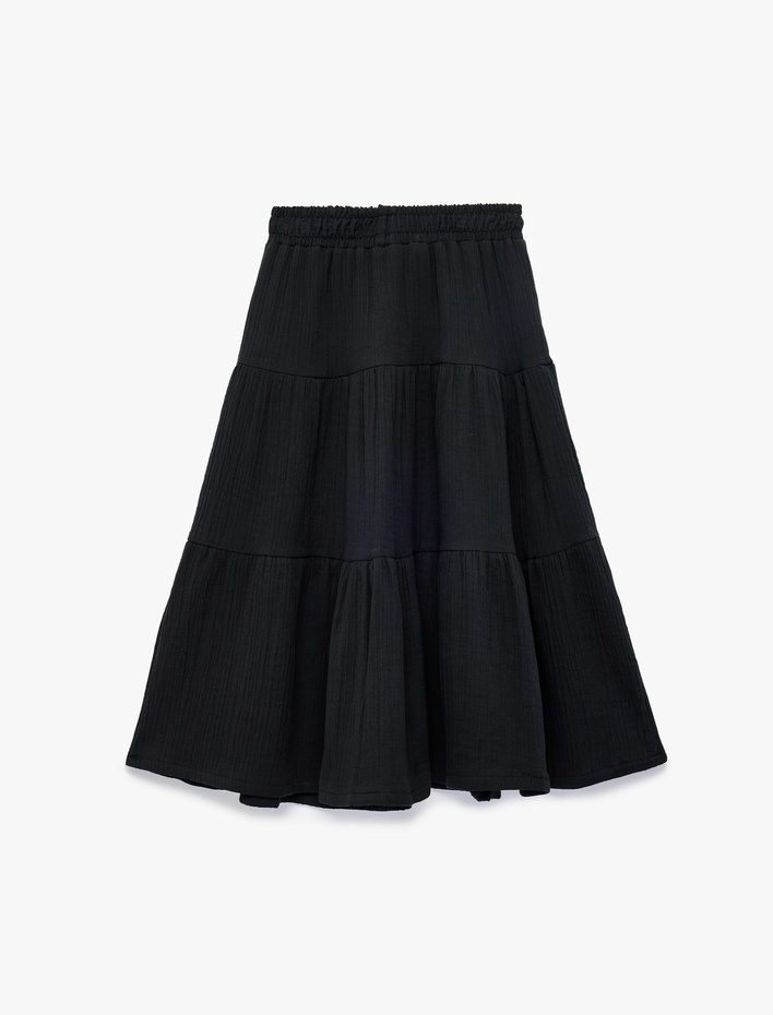 Kız Çocuk Fiyonk Detaylı Katlı Beli Lastikli Pamuklu Midi Etek