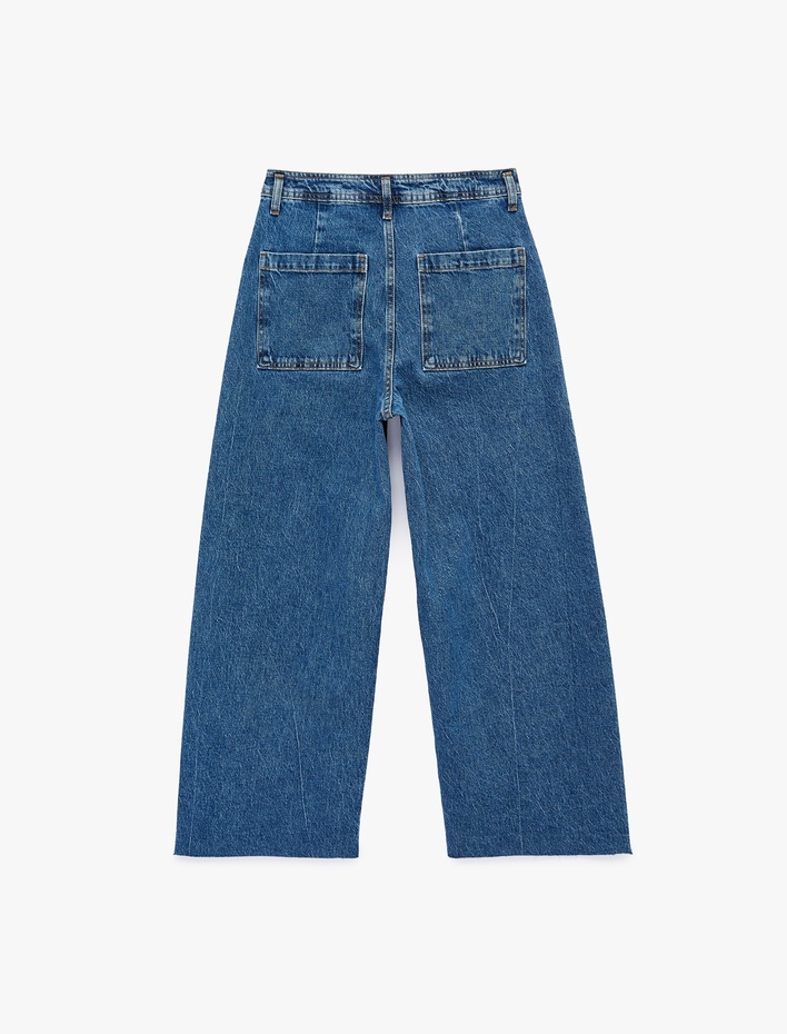  Düğmeli Yüksek Bel Rahat Kesim Denim Pantolon - Culotte Jeans