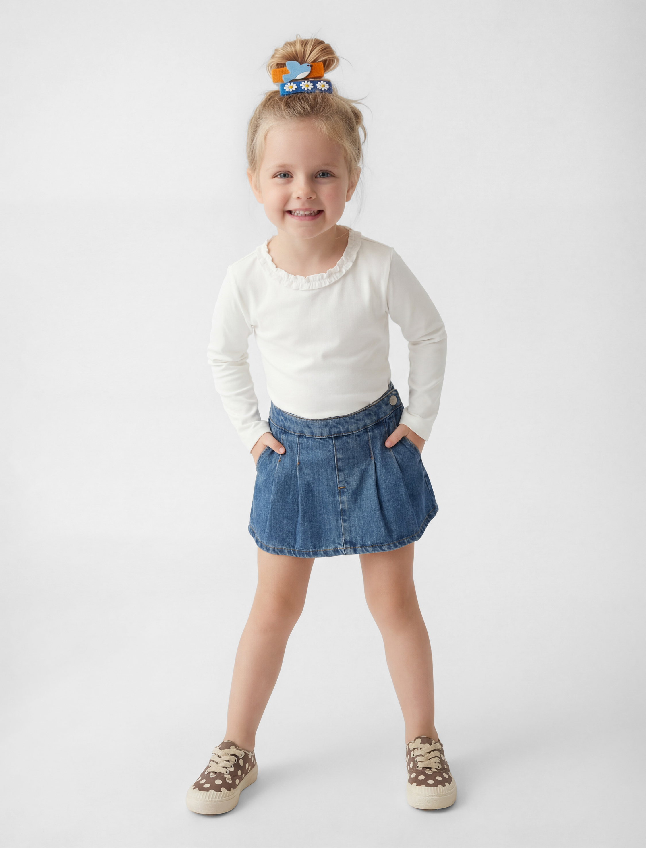  Kız Bebek Pamuklu Fırfırlı Bisiklet Yaka Uzun Kollu Tişört