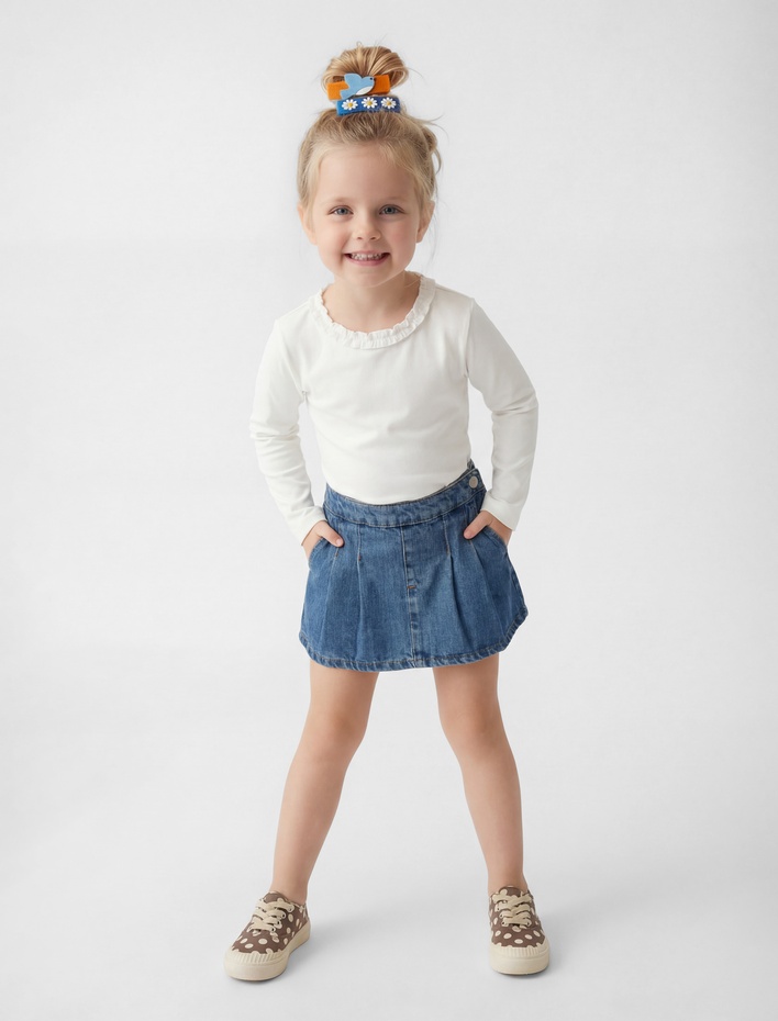 Kız Bebek Pamuklu Fırfırlı Bisiklet Yaka Uzun Kollu Tişört