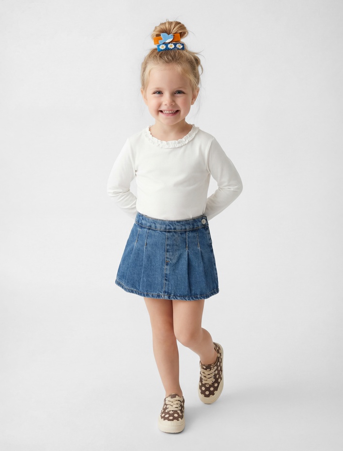 Kız Bebek Pamuklu Fırfırlı Bisiklet Yaka Uzun Kollu Tişört