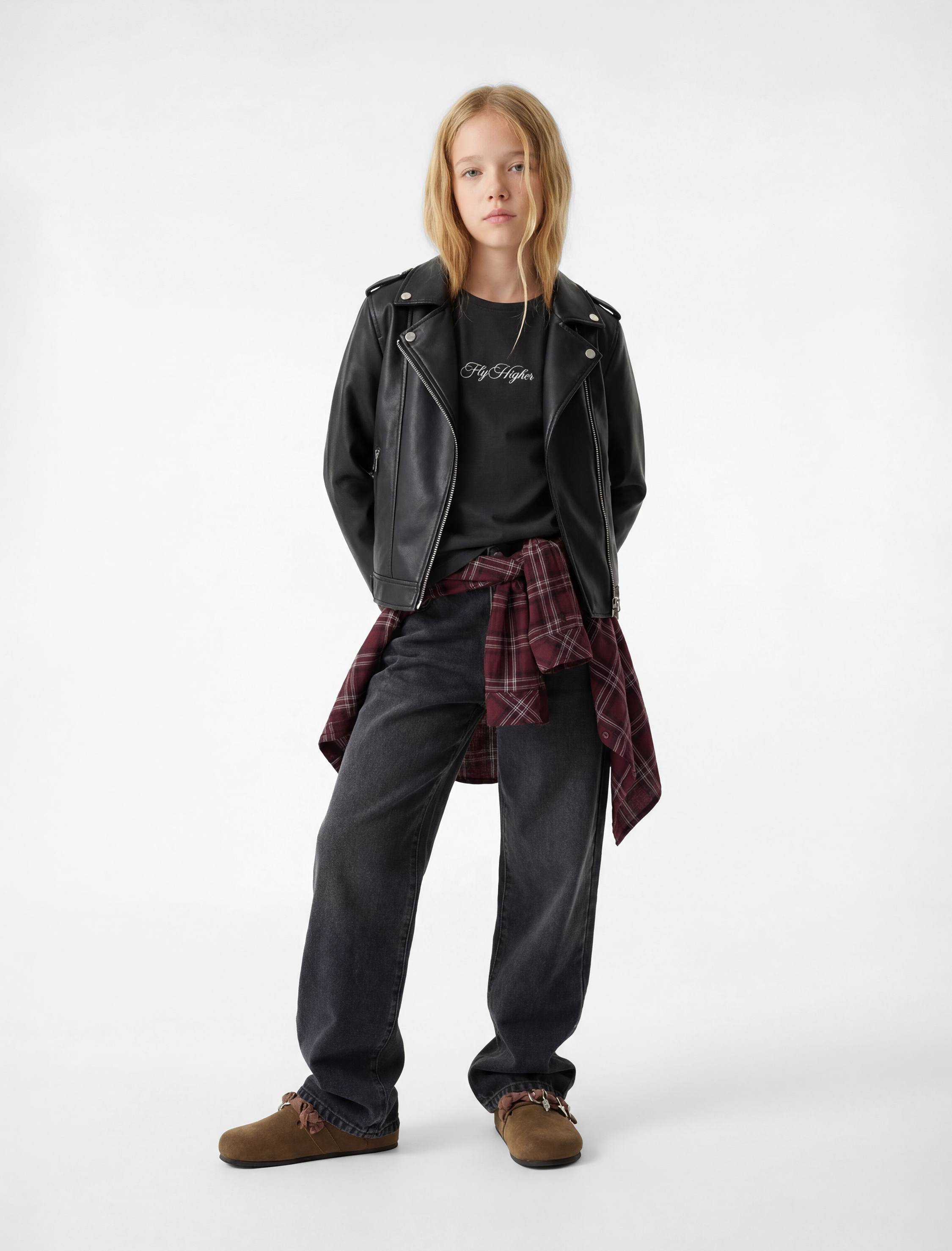  Kız Çocuk Uzun Kollu Fermuarlı Cepli Kruvaze Yaka Suni Deri Biker Ceket