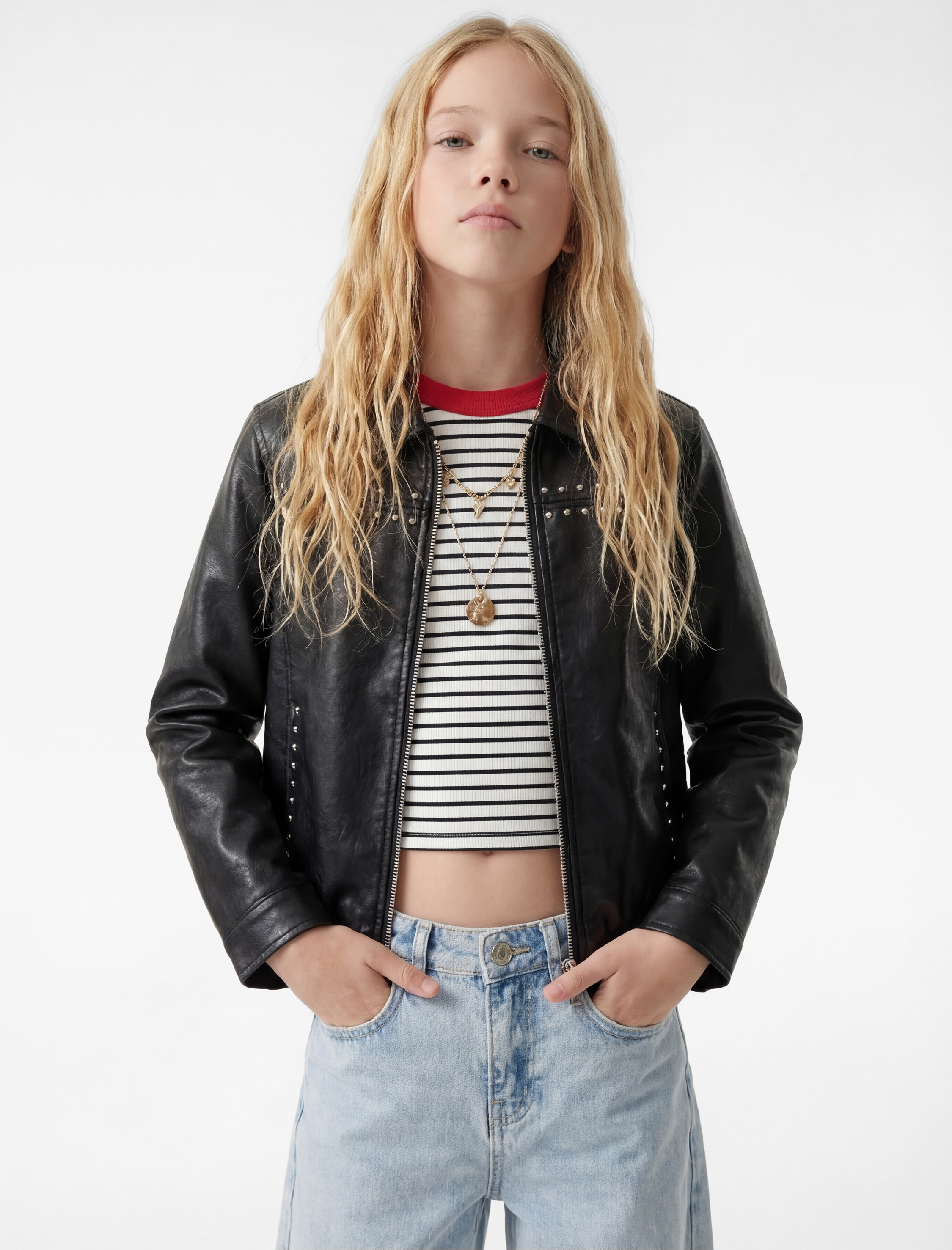  Kız Çocuk Fermuarlı Zımba Detaylı Uzun Kollu Suni Deri Ceket