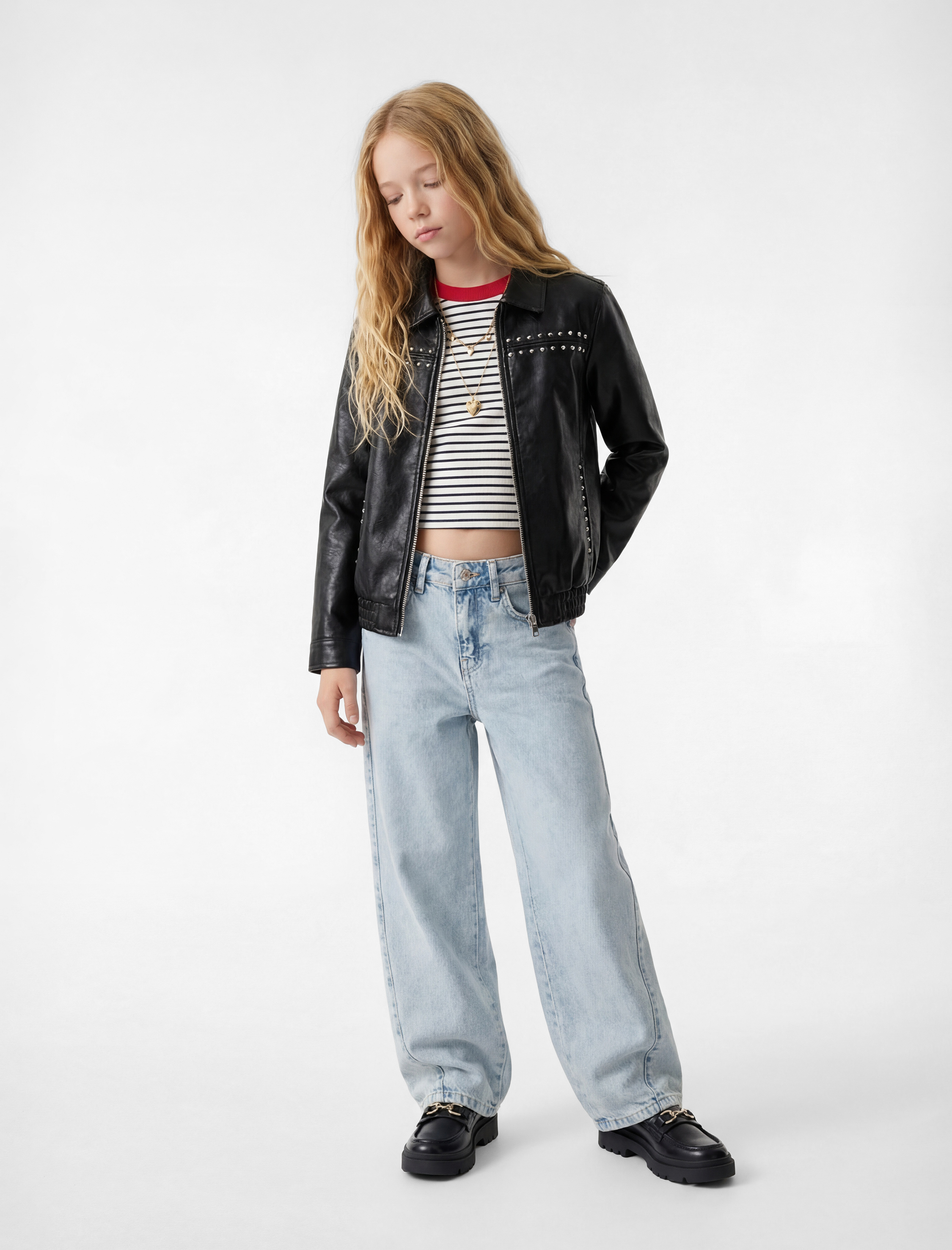  Kız Çocuk Fermuarlı Zımba Detaylı Uzun Kollu Suni Deri Ceket