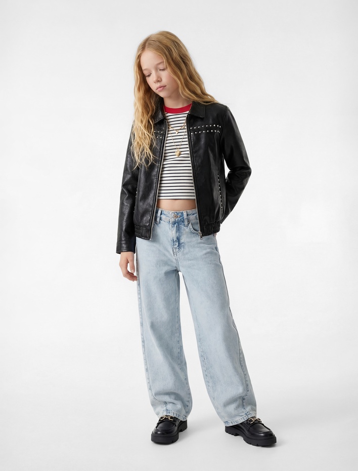 Kız Çocuk Fermuarlı Zımba Detaylı Uzun Kollu Suni Deri Ceket