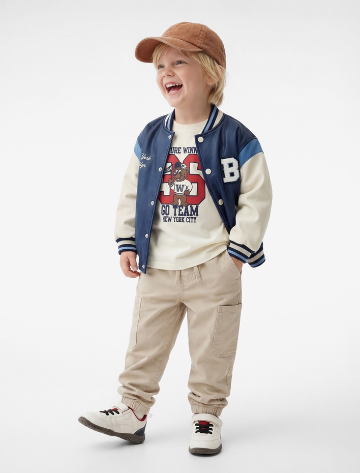 Erkek Bebek Uzun Kollu Bisiklet Yaka Suni Deri Bomber Kolej Ceket