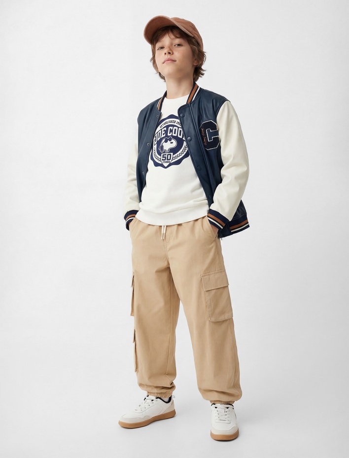 Erkek Çocuk Uzun Kollu Bisiklet Yaka Fermuar Detaylı Suni Deri Kolej Ceket