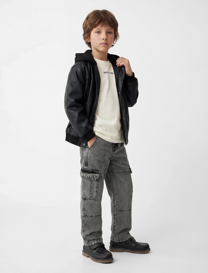 Erkek Çocuk Uzun Kollu Fermuarlı Cepli Suni Deri Kapşonlu Ceket