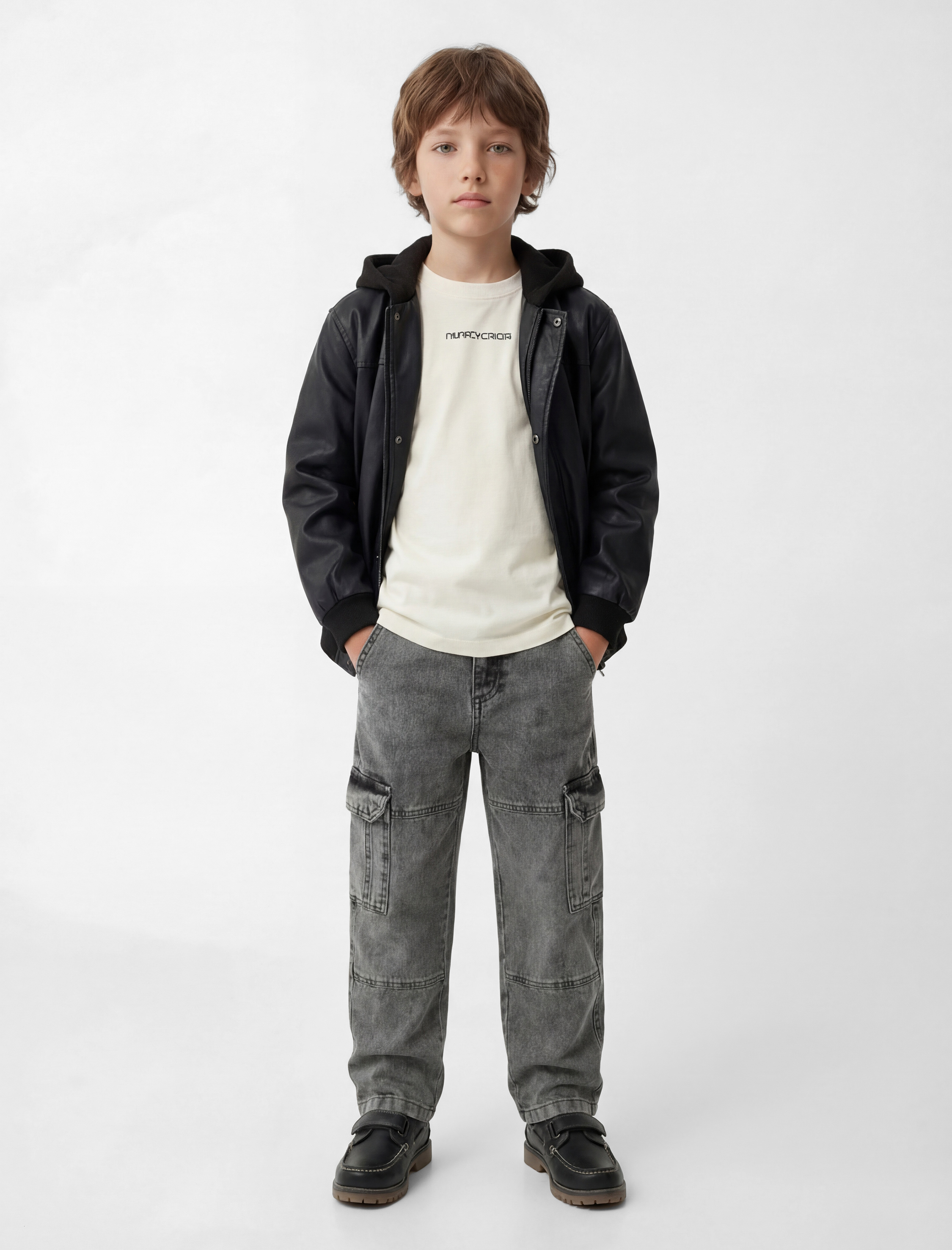  Erkek Çocuk Uzun Kollu Fermuarlı Cepli Suni Deri Kapşonlu Ceket