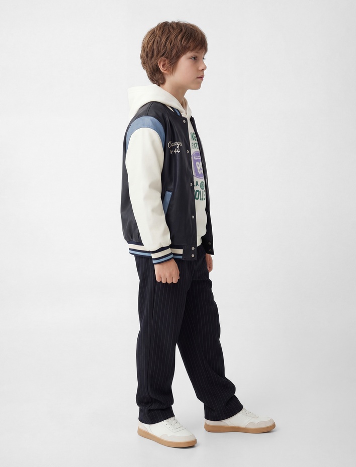 Erkek Çocuk Uzun Kollu Bisiklet Yaka Suni Deri Bomber Kolej Ceket