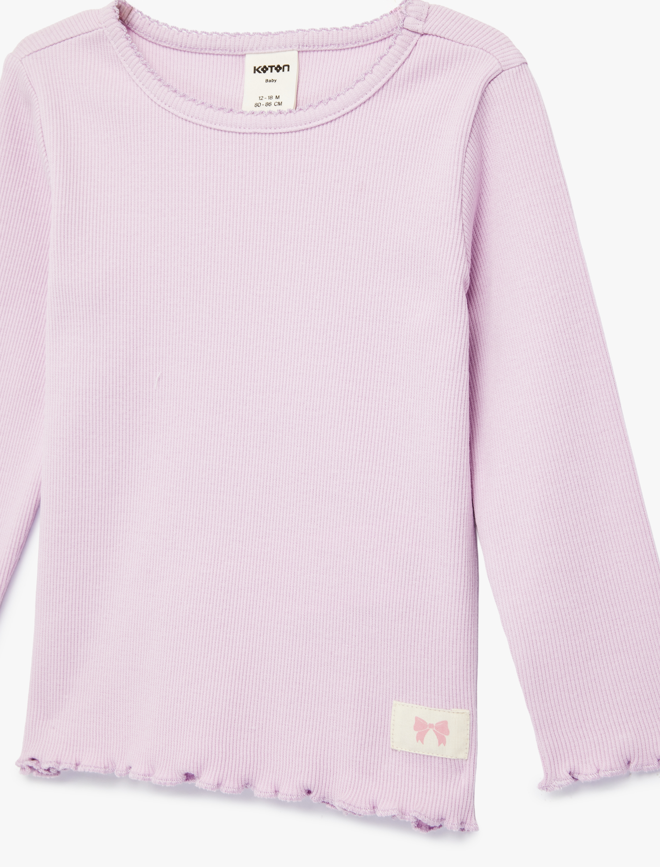  Kız Bebek Pamuklu Uzun Kollu Etiket Detaylı Fırfırlı Bisiklet Yaka Tişört