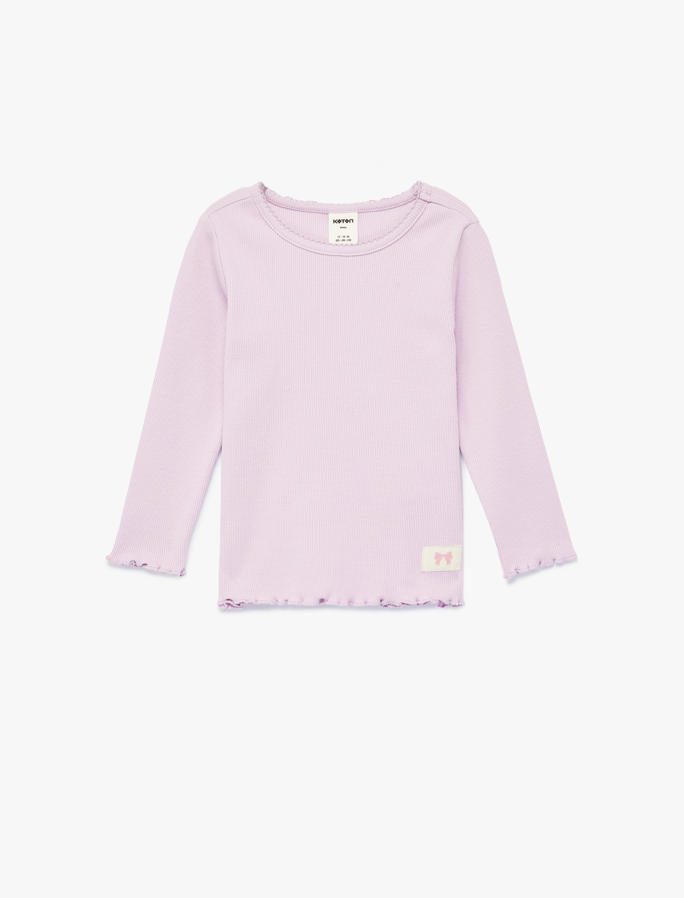  Kız Bebek Pamuklu Uzun Kollu Etiket Detaylı Fırfırlı Bisiklet Yaka Tişört