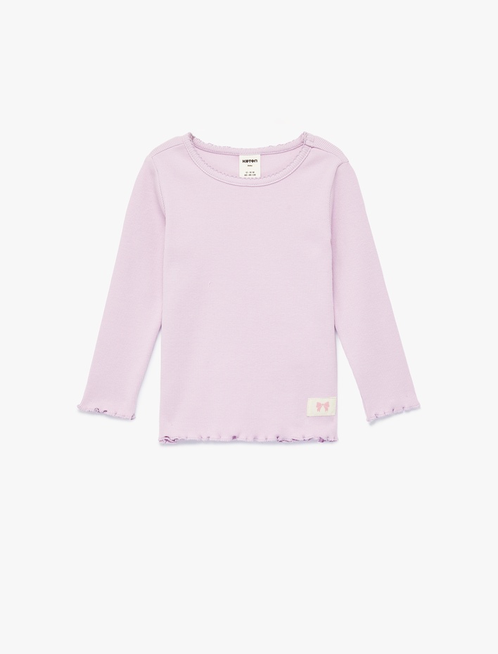 Kız Bebek Pamuklu Uzun Kollu Etiket Detaylı Fırfırlı Bisiklet Yaka Tişört