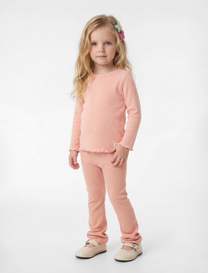 Kız Bebek Pamuklu Uzun Kollu Etiket Detaylı Fırfırlı Bisiklet Yaka Tişört