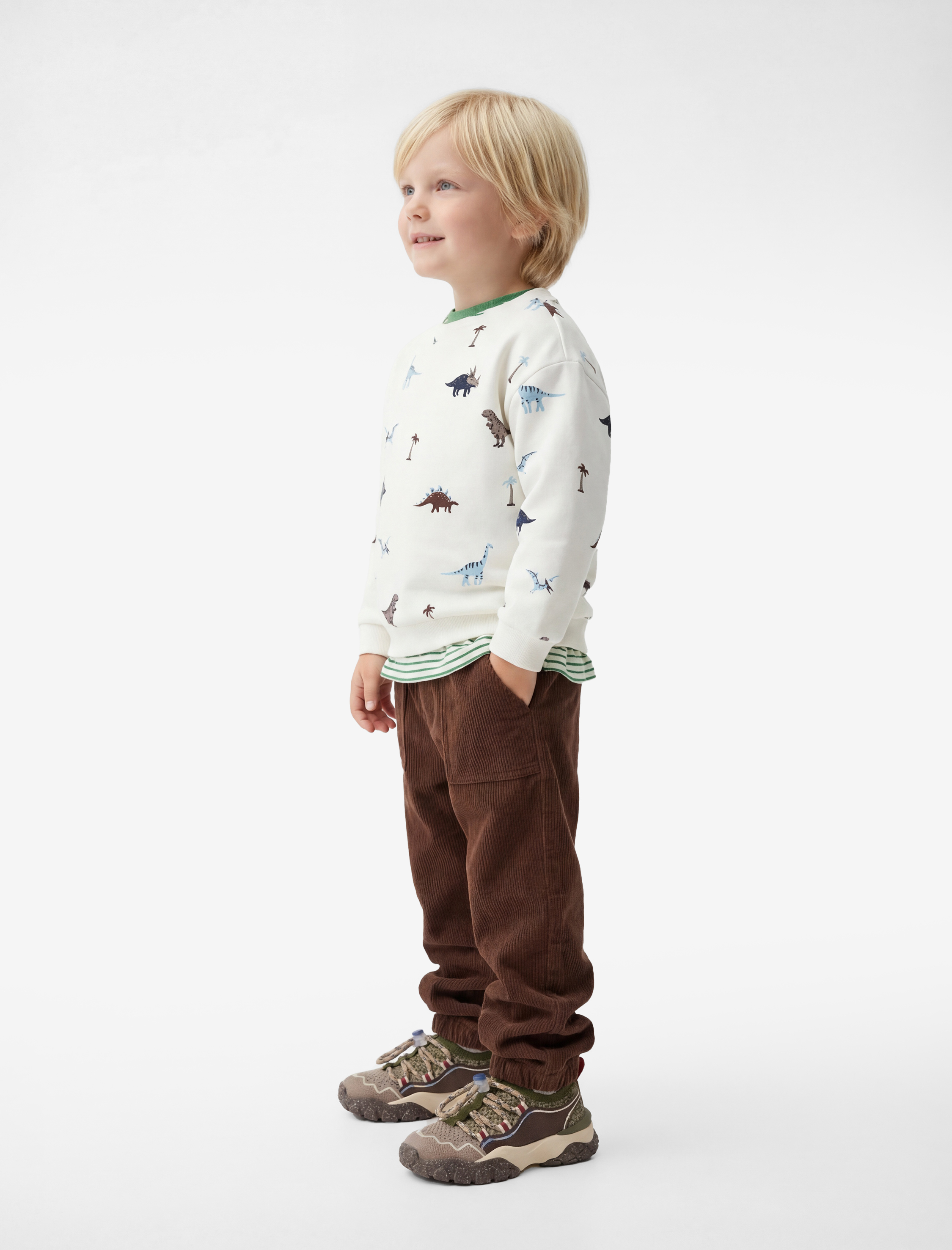  Erkek Bebek Pamuklu Uzun Kollu Bisiklet Yaka Dinozor Baskılı Sweatshirt