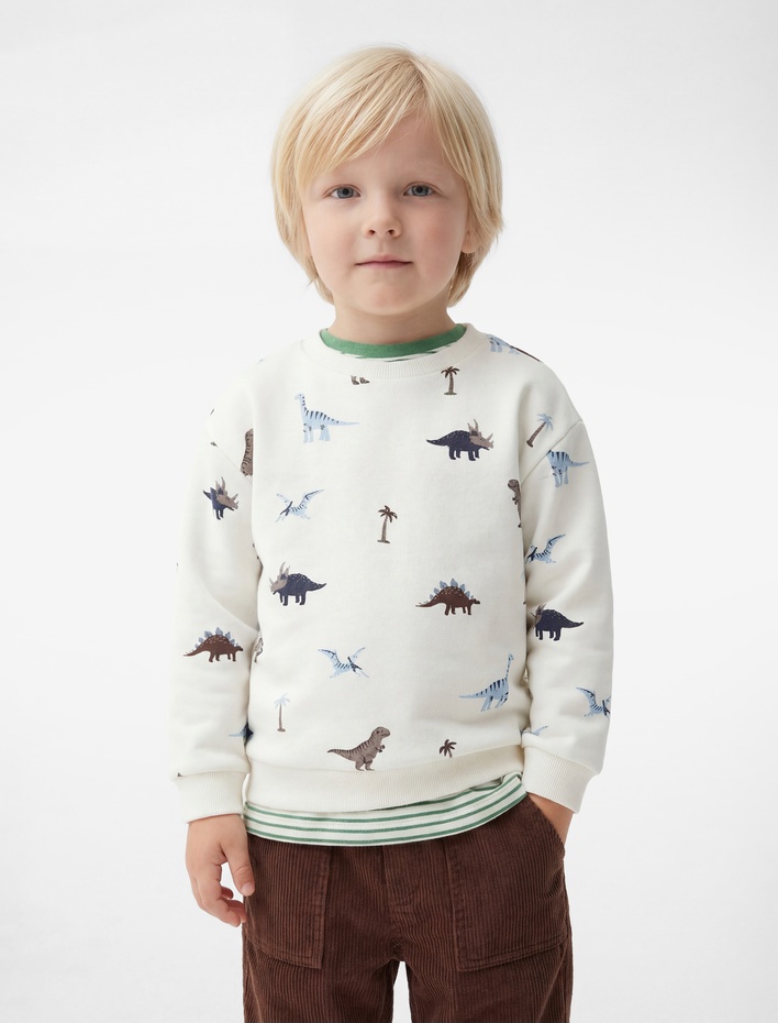 Erkek Bebek Pamuklu Uzun Kollu Bisiklet Yaka Dinozor Baskılı Sweatshirt