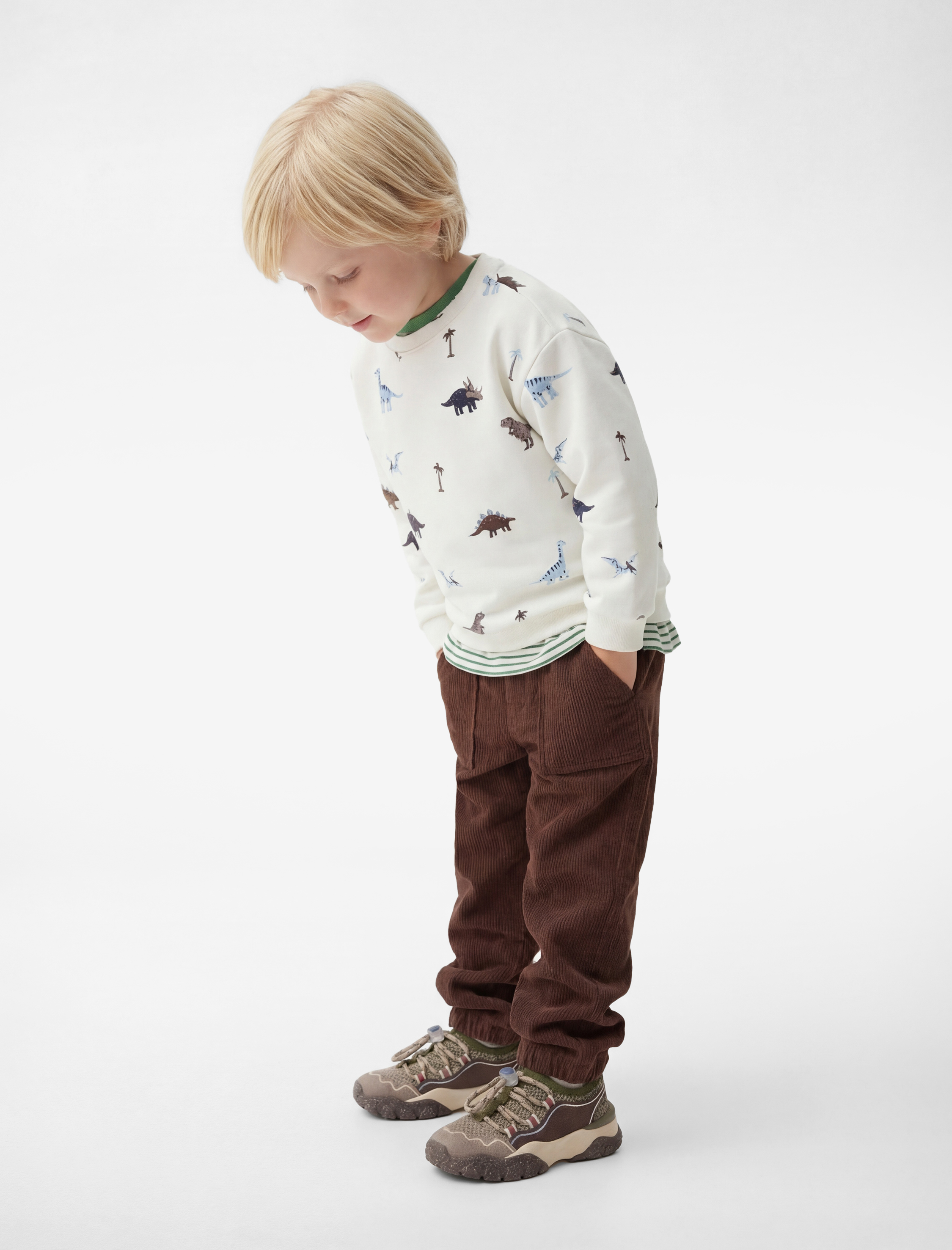  Erkek Bebek Pamuklu Uzun Kollu Bisiklet Yaka Dinozor Baskılı Sweatshirt