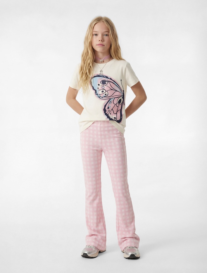 Kız Çocuk Kelebek Baskılı Kısa Kollu Bisiklet Yaka Pamuklu Tişört