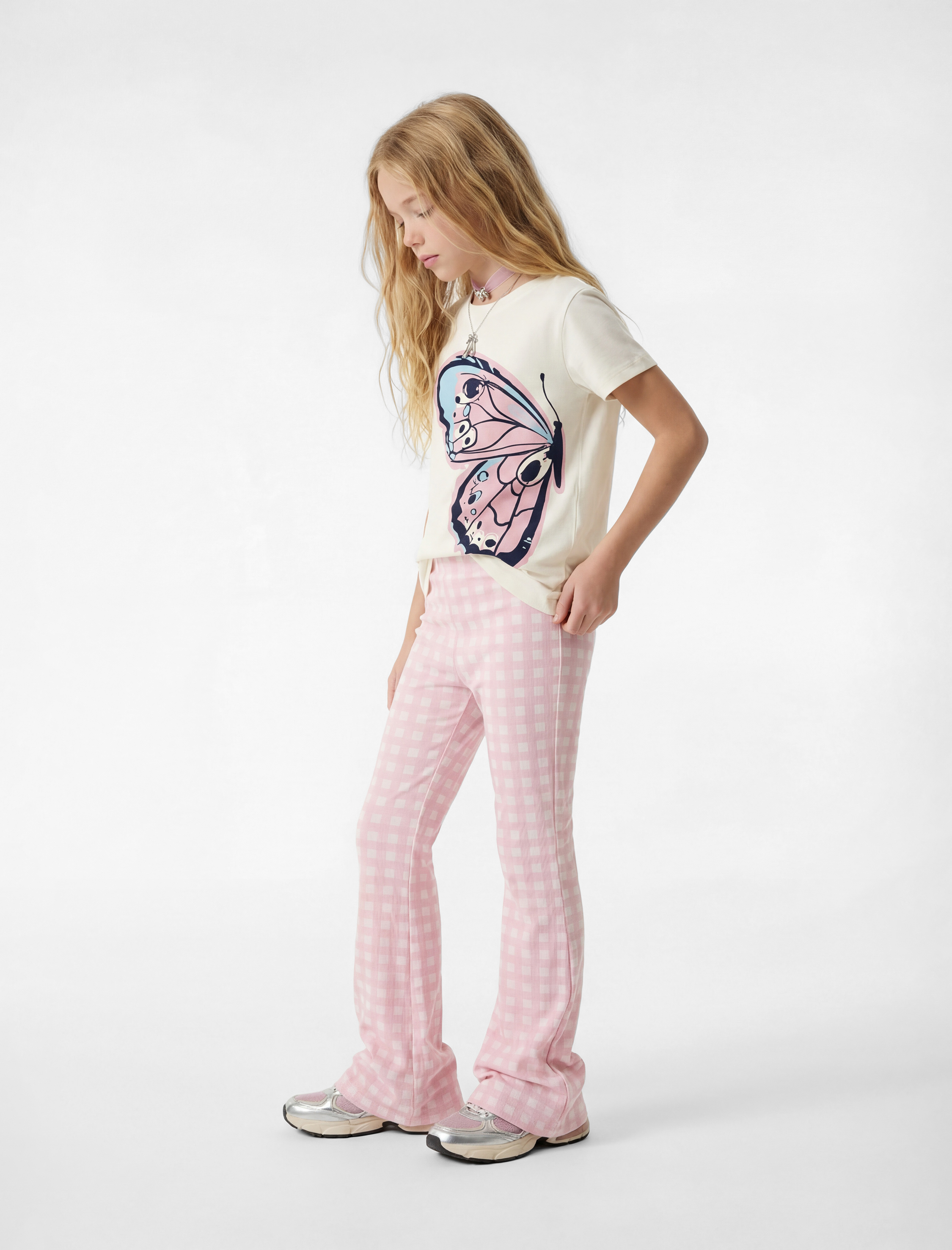  Kız Çocuk Kelebek Baskılı Kısa Kollu Bisiklet Yaka Pamuklu Tişört