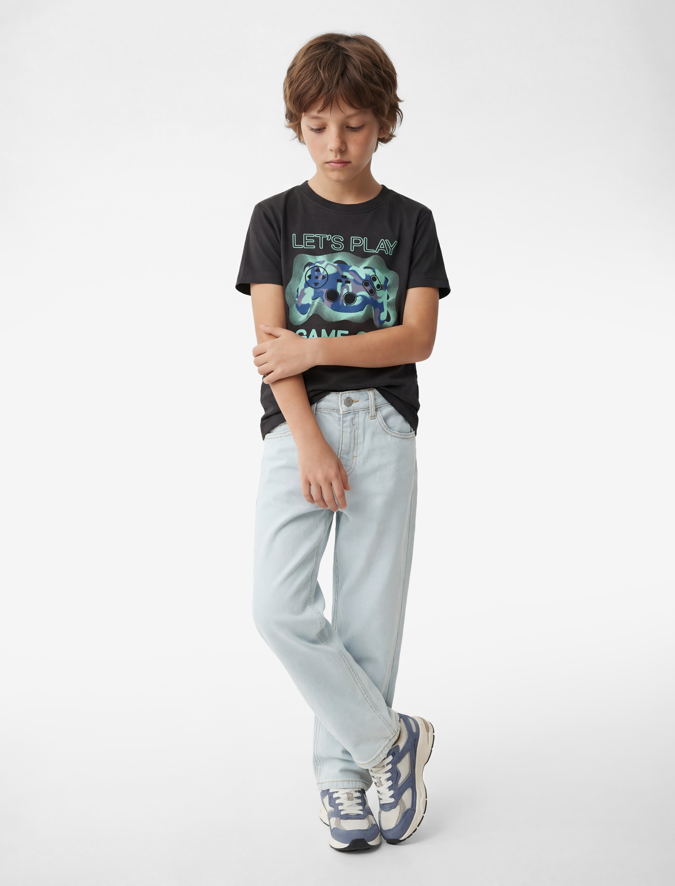  Erkek Çocuk Pamuklu Kısa Kollu Bisiklet Yaka Baskılı Tişört