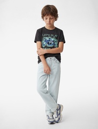 Pamuklu Kısa Kollu Bisiklet Yaka Baskılı Tişört