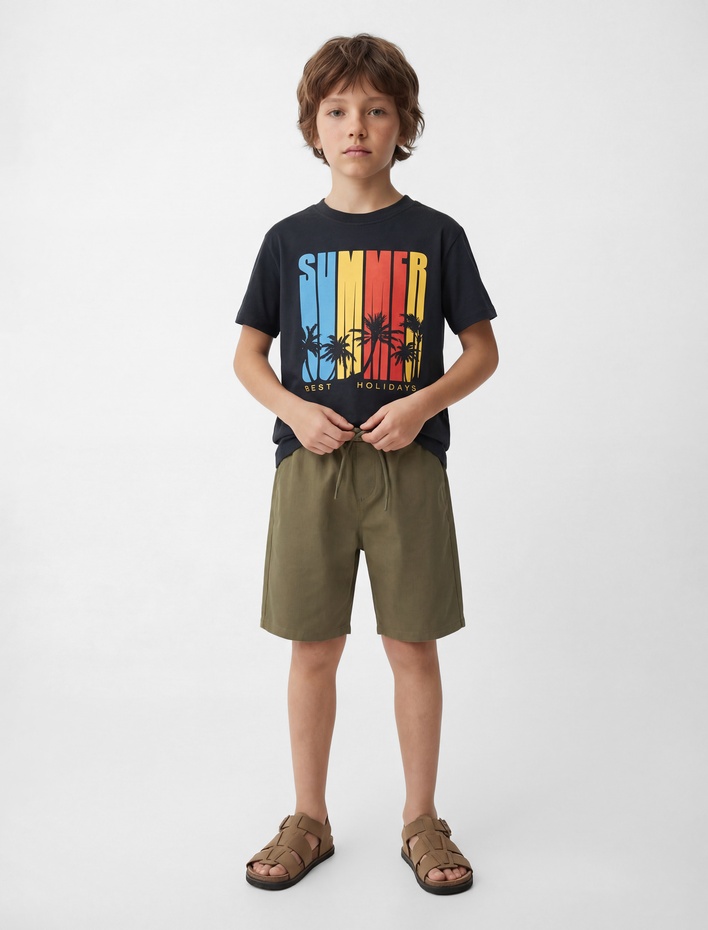 Erkek Çocuk Baskılı Kısa Kollu Bisiklet Yaka Pamuklu Tişört