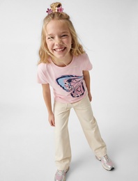 Kelebek Baskılı Kısa Kollu Bisiklet Yaka Pamuklu Tişört