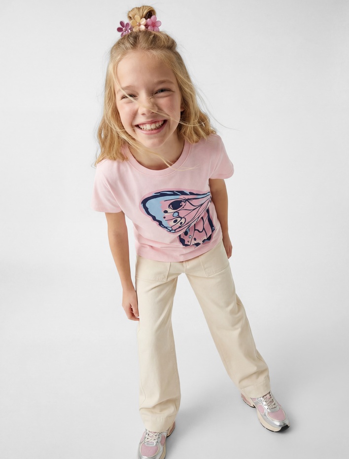 Kız Çocuk Kelebek Baskılı Kısa Kollu Bisiklet Yaka Pamuklu Tişört