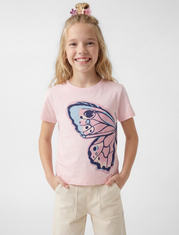Kız Çocuk Kelebek Baskılı Kısa Kollu Bisiklet Yaka Pamuklu Tişört