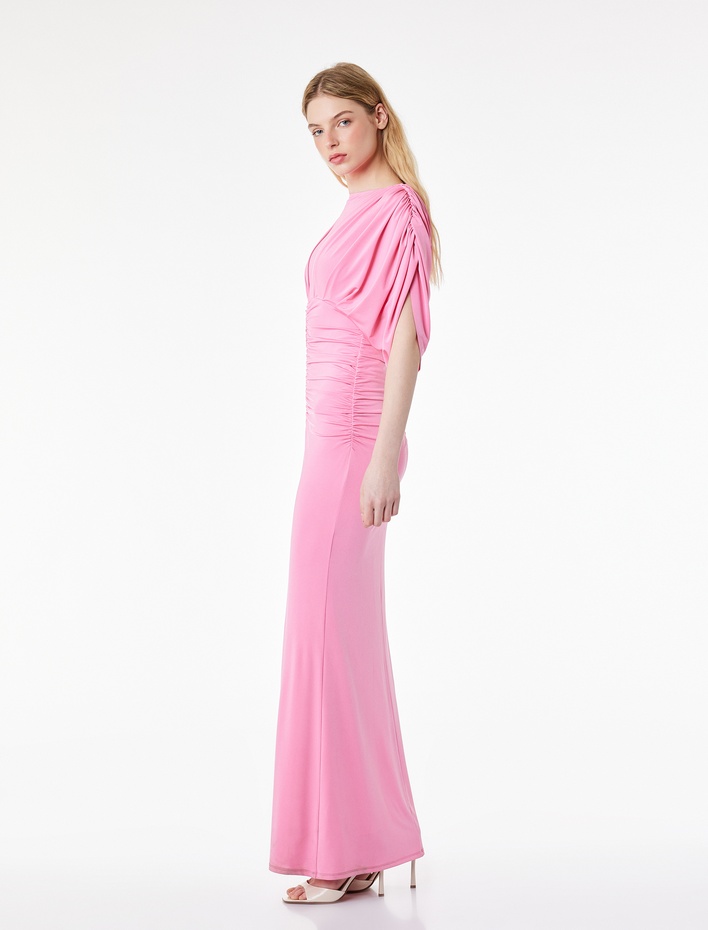  Slim Fit Derin V Yaka Drapeli Yarasa Kol Uzun Abiye Elbise