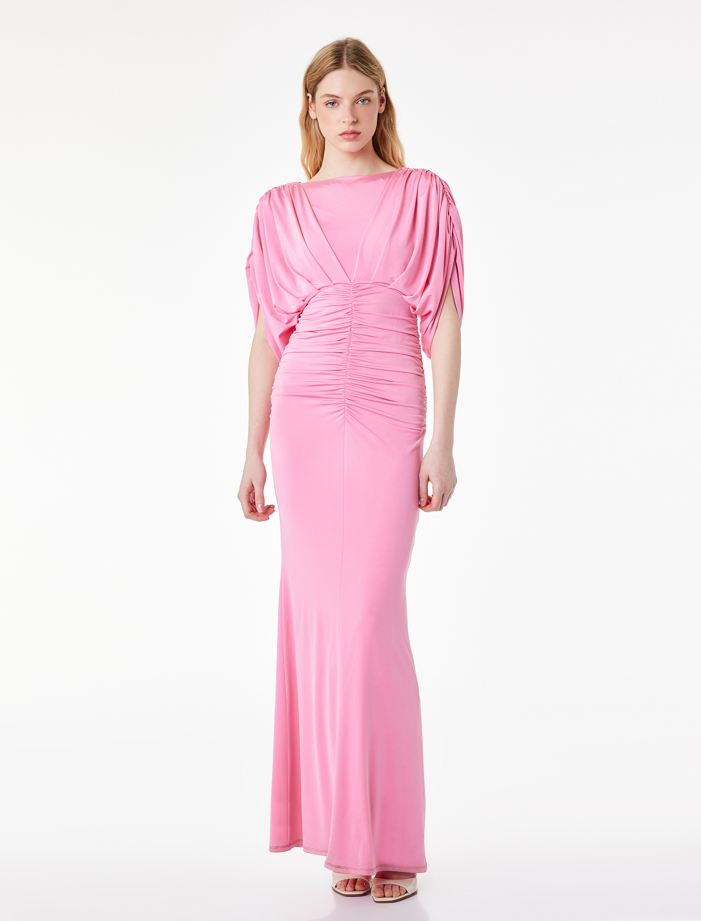   Slim Fit Derin V Yaka Drapeli Yarasa Kol Uzun Abiye Elbise