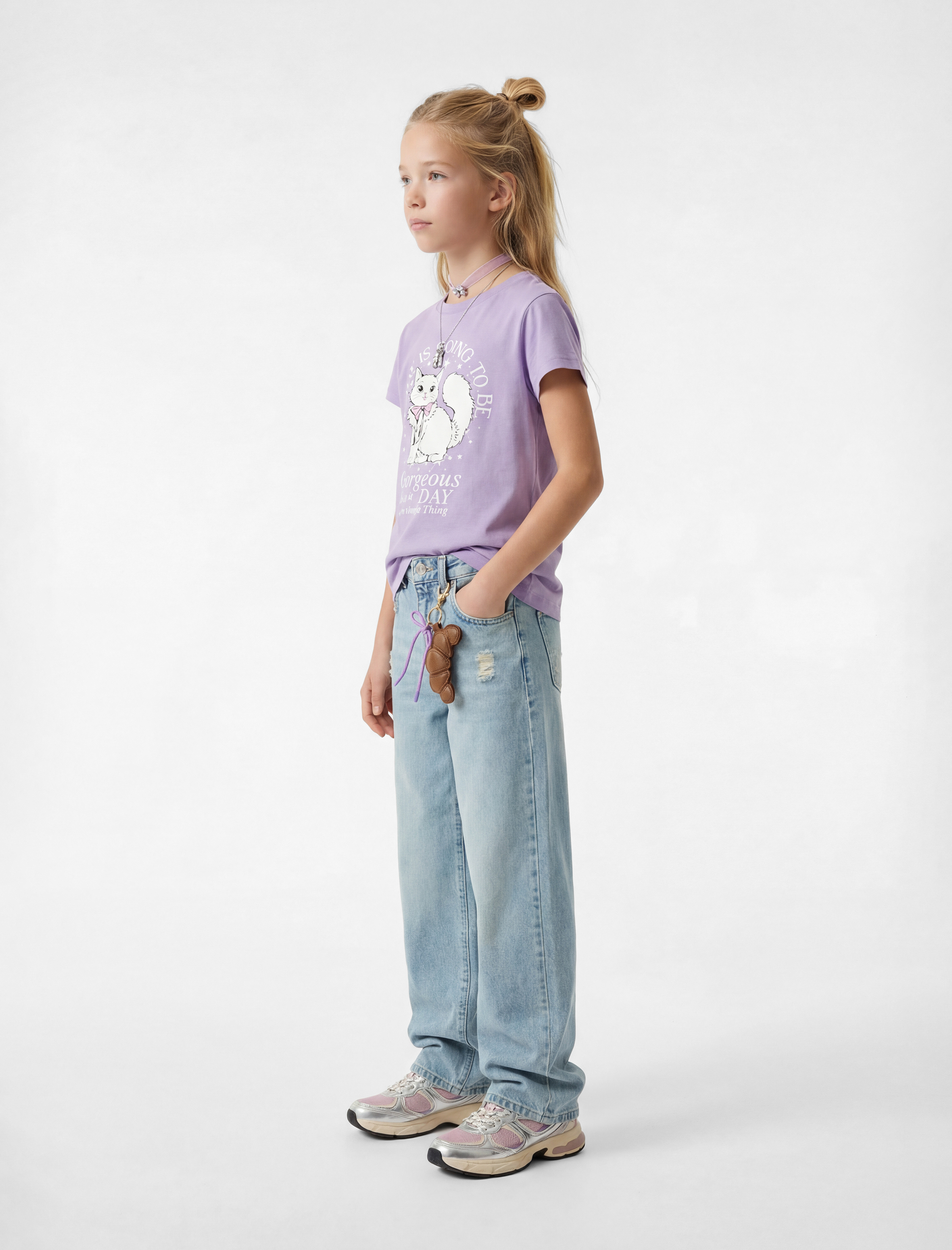  Kız Çocuk Kedi Baskılı Kısa Kollu Bisiklet Yaka Pamuklu Tişört