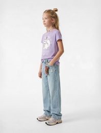 Kedi Baskılı Kısa Kollu Bisiklet Yaka Pamuklu Tişört