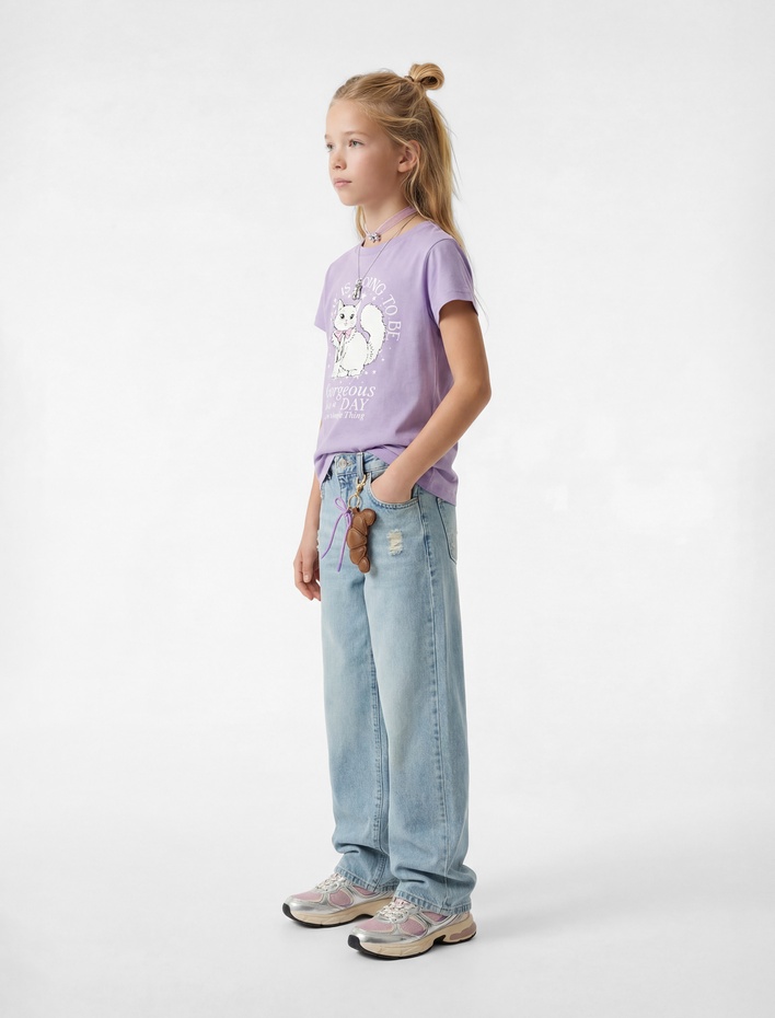 Kız Çocuk Kedi Baskılı Kısa Kollu Bisiklet Yaka Pamuklu Tişört