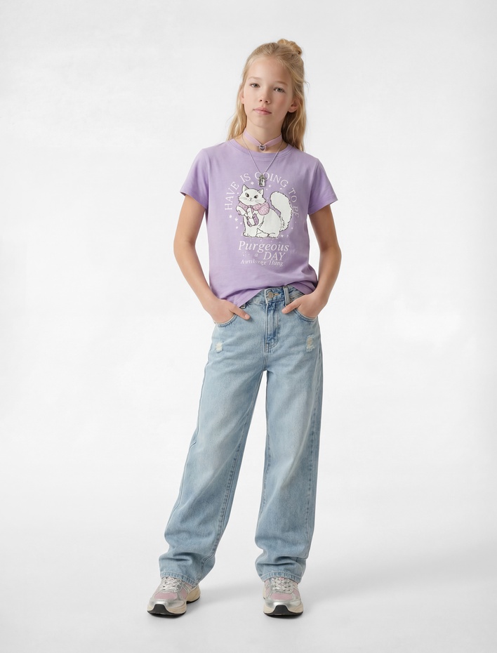 Kız Çocuk Kedi Baskılı Kısa Kollu Bisiklet Yaka Pamuklu Tişört