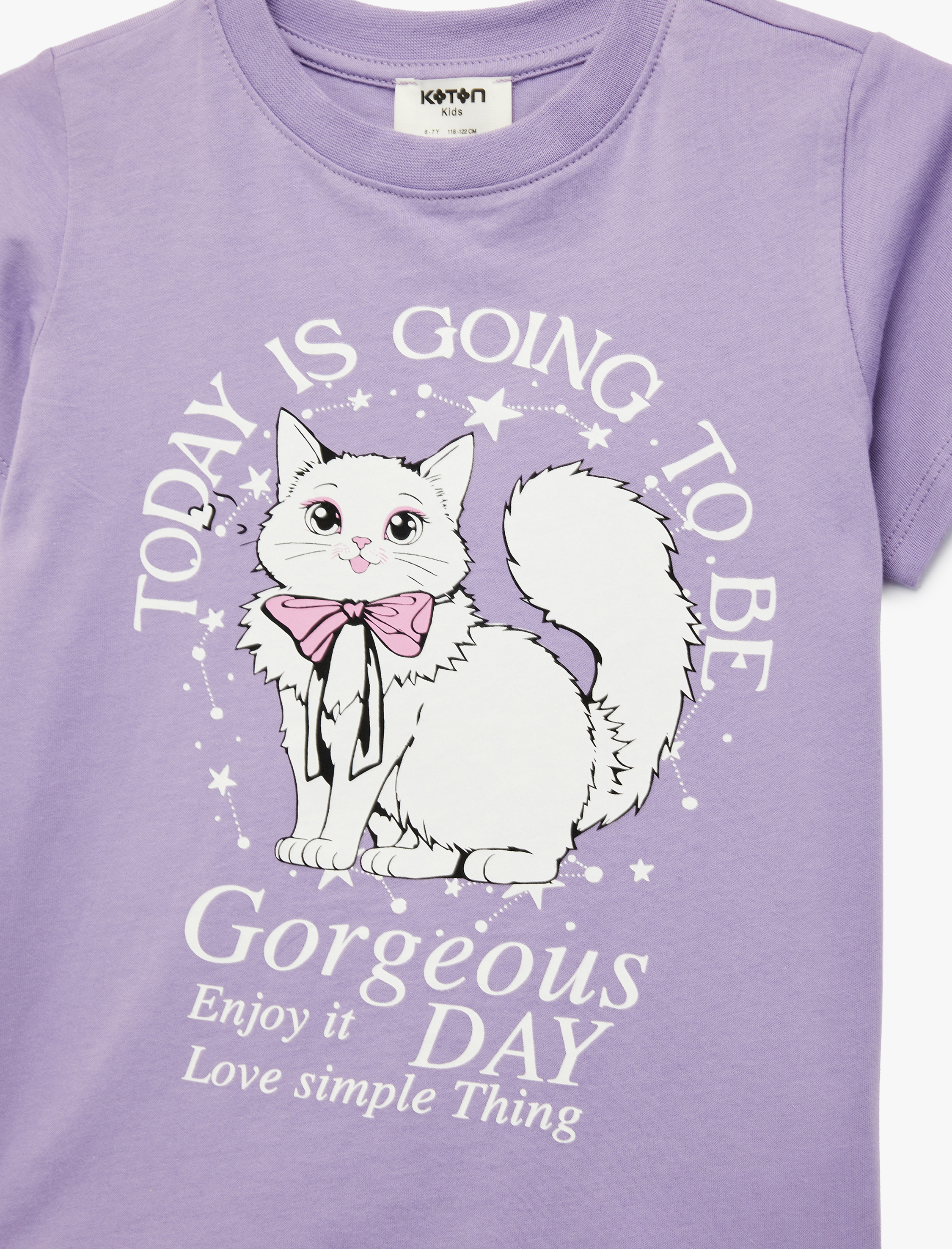  Kız Çocuk Kedi Baskılı Kısa Kollu Bisiklet Yaka Pamuklu Tişört