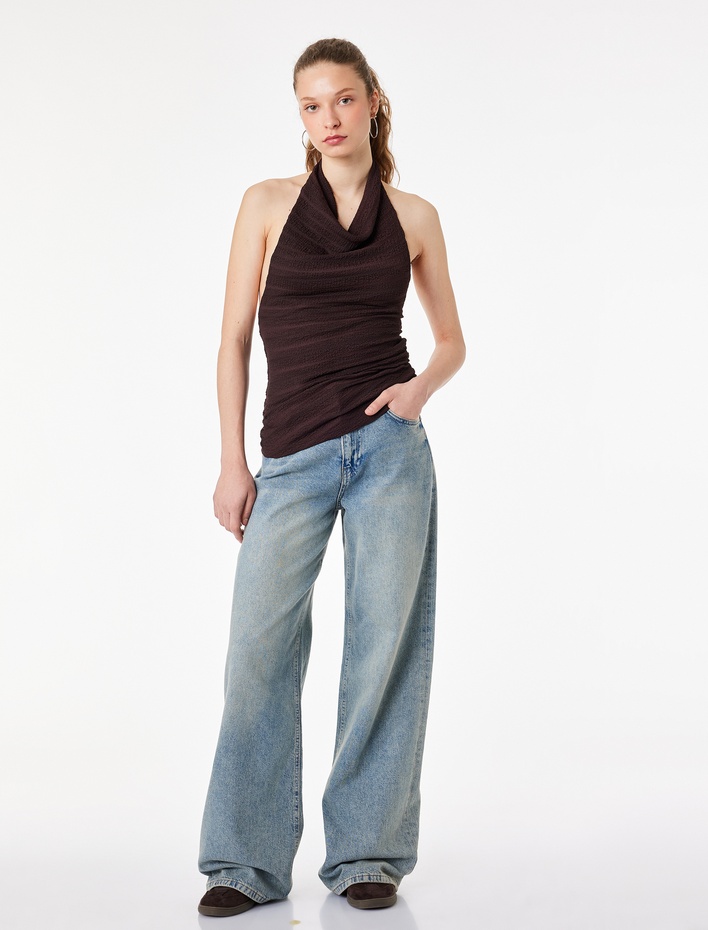  Bürümcük Kumaş Slim Fit Degaje Halter Yaka Bluz