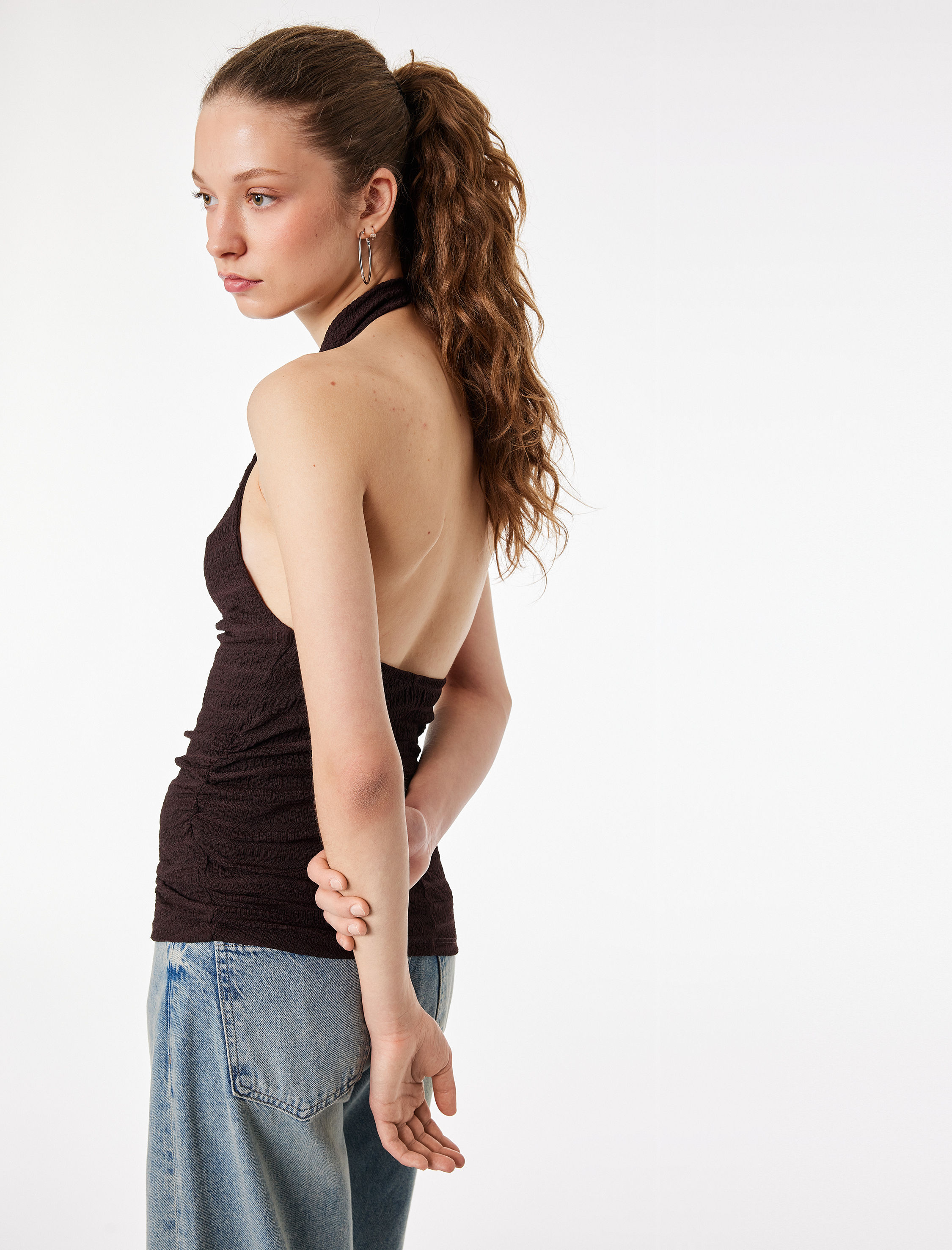   Bürümcük Kumaş Slim Fit Degaje Halter Yaka Bluz