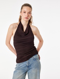 Bürümcük Kumaş Slim Fit Degaje Halter Yaka Bluz