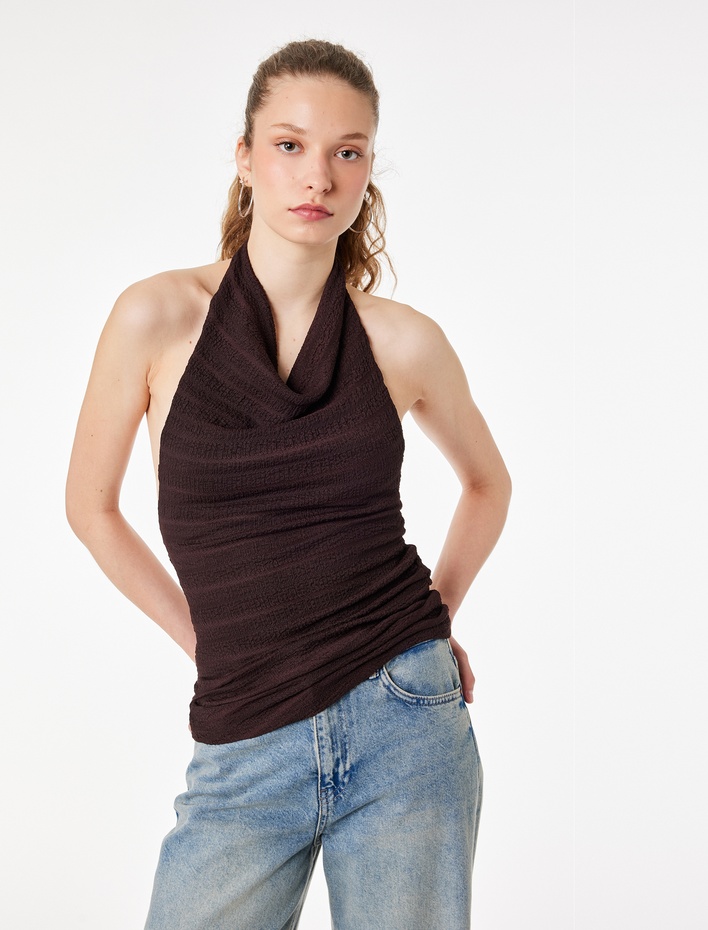  Bürümcük Kumaş Slim Fit Degaje Halter Yaka Bluz