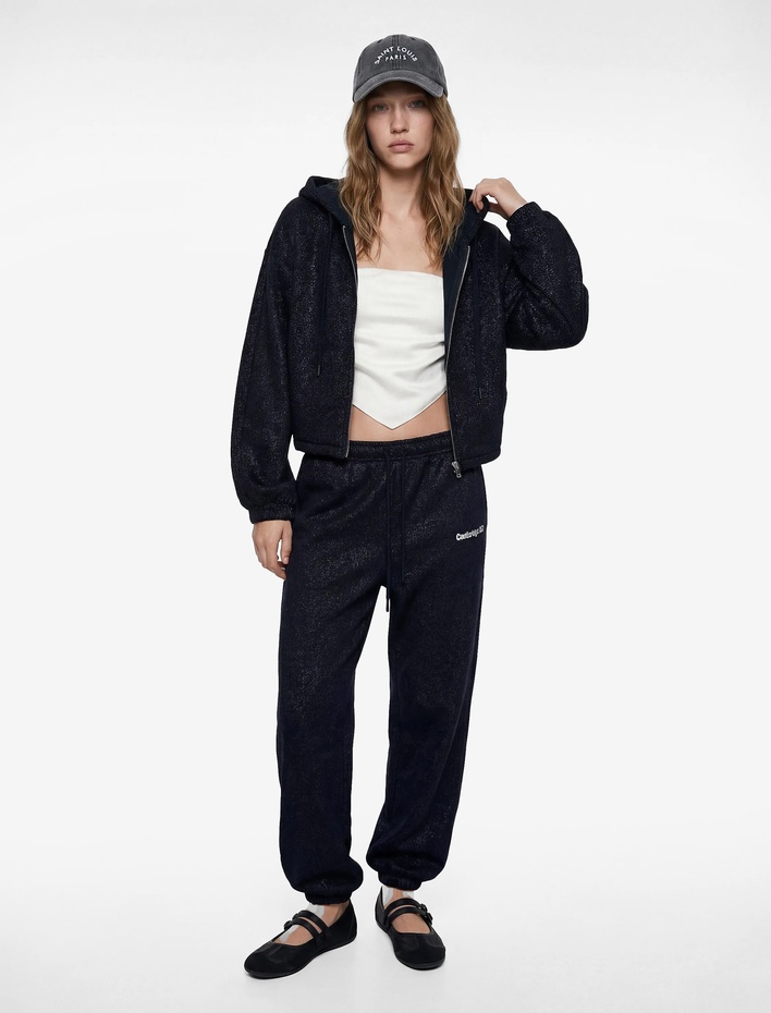  Şardonlu Balon Kol Simli Kanguru Cepli Kapüşonlu Fermuarlı Oversize Sweatshirt