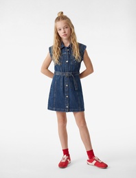 Pamuklu Kolsuz Kuşak Detaylı Gömlek Yaka Denim Elbise