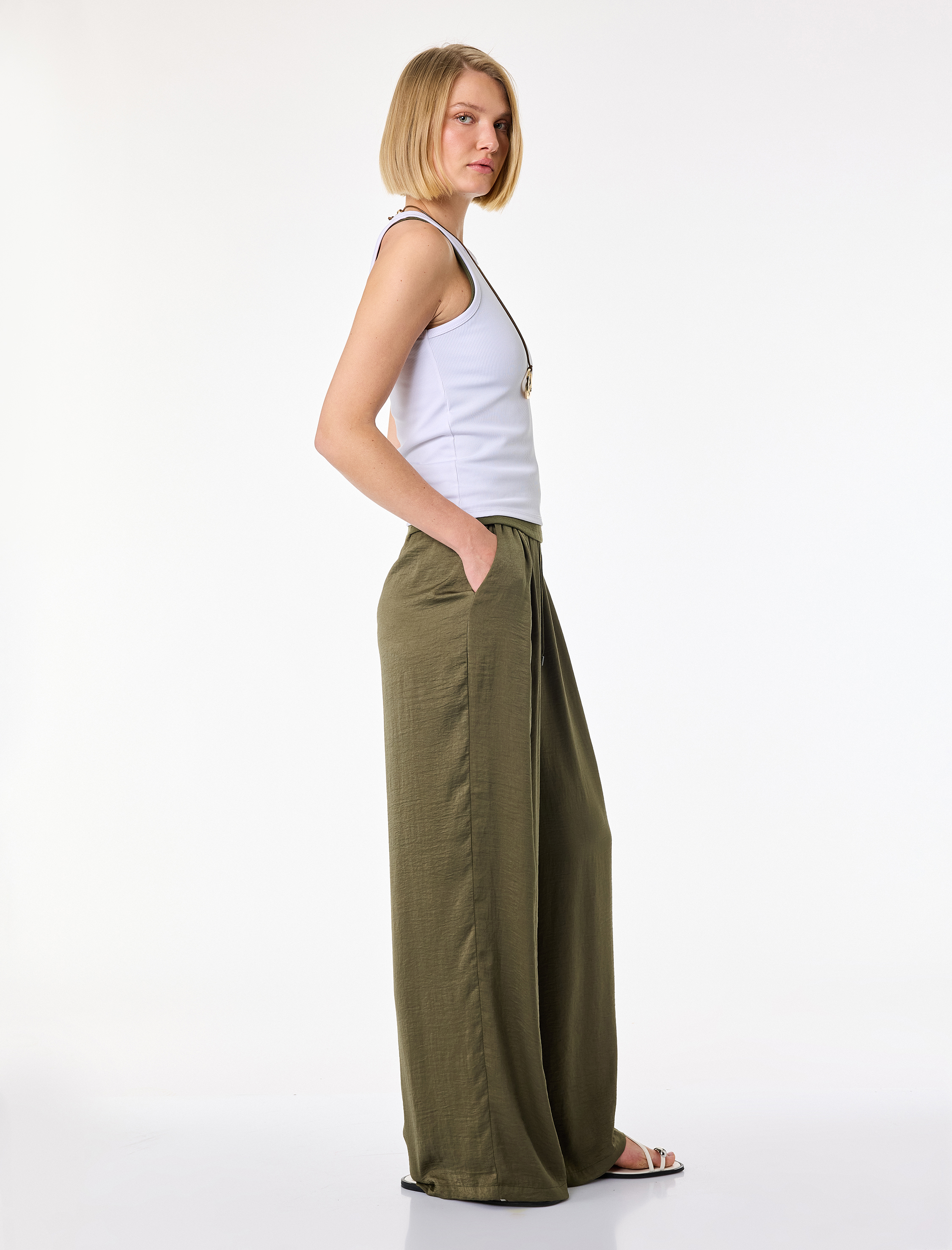   Beli Bağlamalı Lastikli Cepli Aerobin Saten Palazzo Pantolon