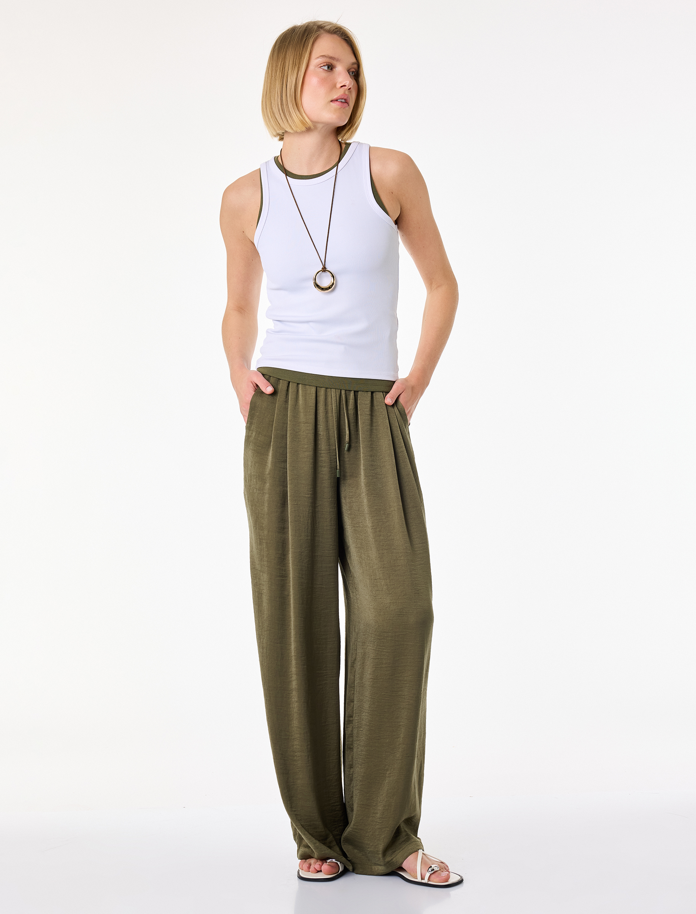   Beli Bağlamalı Lastikli Cepli Aerobin Saten Palazzo Pantolon